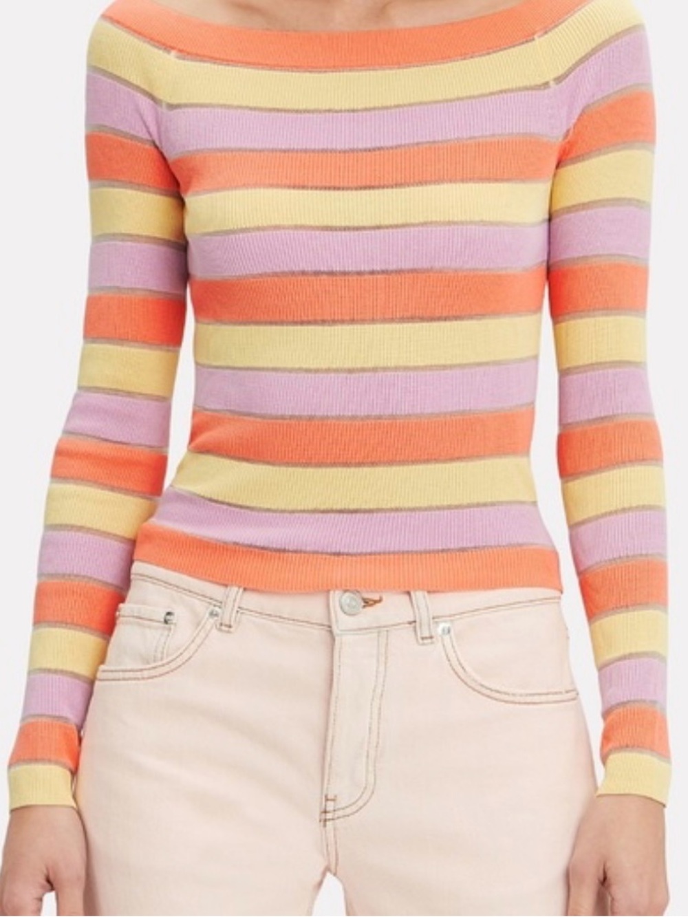INTERMIX Pastel Striped Boatneck Knit Top - Coral, Yellow, Lavender